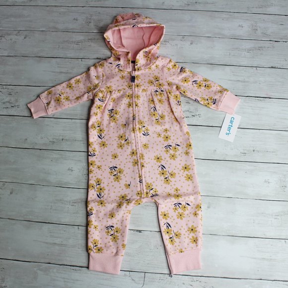 Carter's Baby Girl Hoodie Jumpsuit Romper Size 18 Months Floral Coverall - Picture 1 of 7